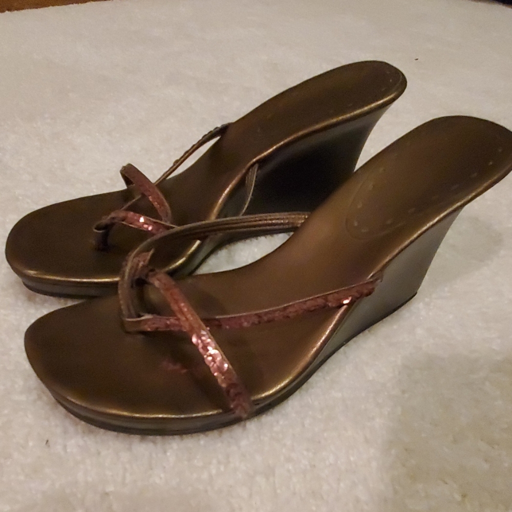 Gianni Bini Chocolate Sequin Strappy Wedge Sandals